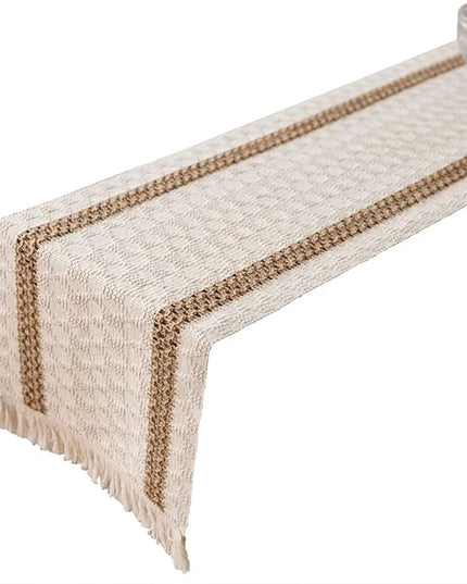 Cream Rustic Table Runner with Jute Trim and Fringe – Woven Textured Design