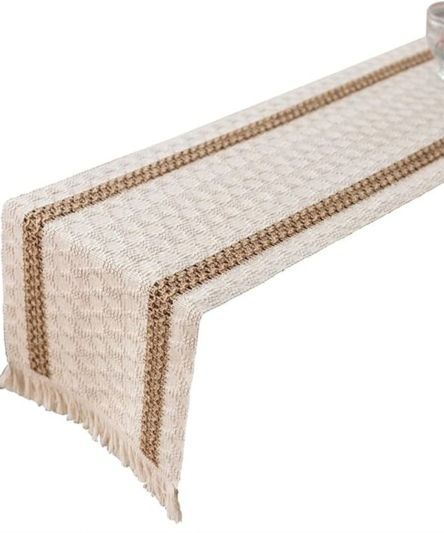Cream Rustic Table Runner with Jute Trim and Fringe – Woven Textured Design