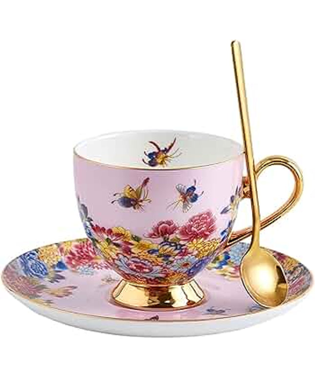 Pink Floral Porcelain Teacup and Saucer Set with Gold Handle – Vintage Style