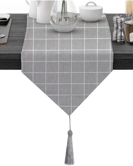 Grey Check Table Runner 33×183cm – Modern Grid Pattern with Tassel