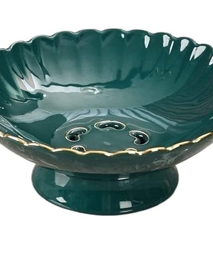 Ceramic Pedestal Fruit Bowl – Scalloped Decorative Serving Stand for Fruit, Snacks & Desserts