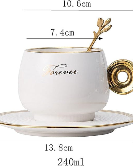 Mint Green Ceramic Tea Cup & Saucer with Gold Ring Handle and Spoon – 240ml Nordic Style Coffee Mug Set