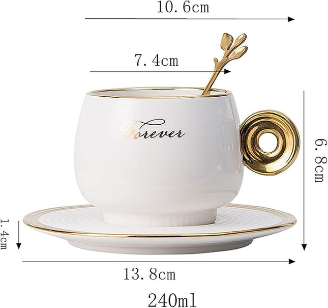 Mint Green Ceramic Tea Cup & Saucer with Gold Ring Handle and Spoon – 240ml Nordic Style Coffee Mug Set