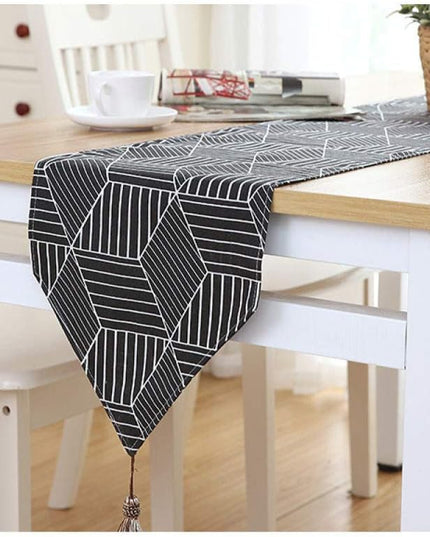 Black Geometric Table Runner 33×183cm – Modern Pattern with Tassel