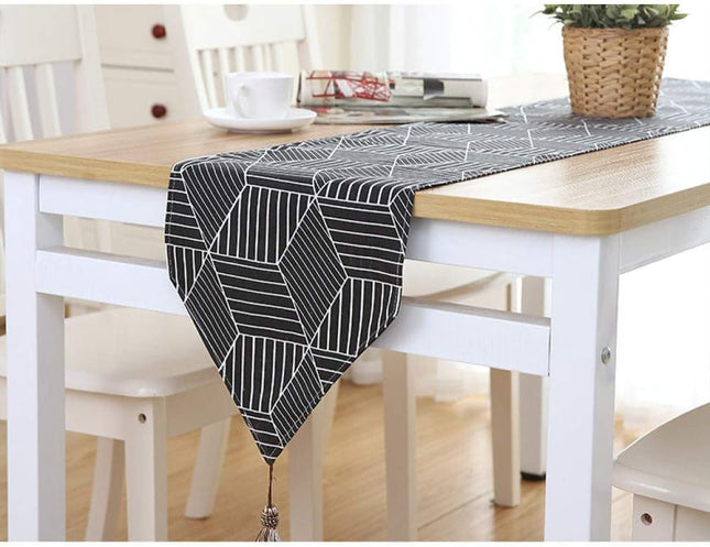 Black Geometric Table Runner 33×183cm – Modern Pattern with Tassel
