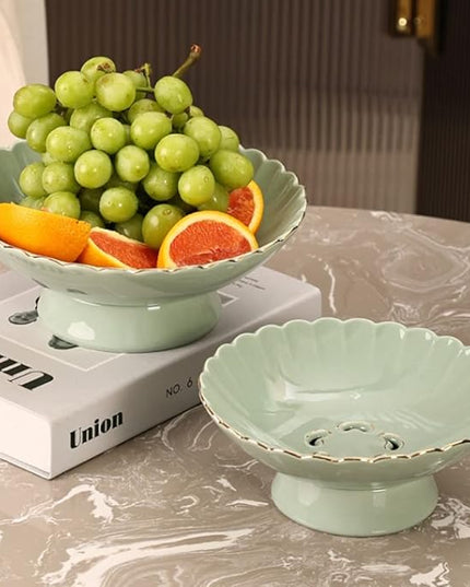 Ceramic Pedestal Fruit Bowl – Scalloped Decorative Serving Stand for Fruit, Snacks & Desserts