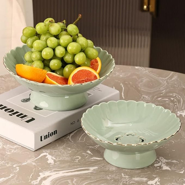 Ceramic Pedestal Fruit Bowl – Scalloped Decorative Serving Stand for Fruit, Snacks & Desserts