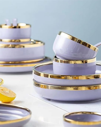 Ceramic Purple Dinner Plate with Gold Rim – Elegant Flat Serving Plate