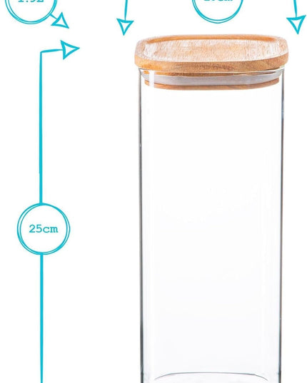 Argon Tableware Square Glass Storage Jar with Airtight Wooden Lid - 1900ml