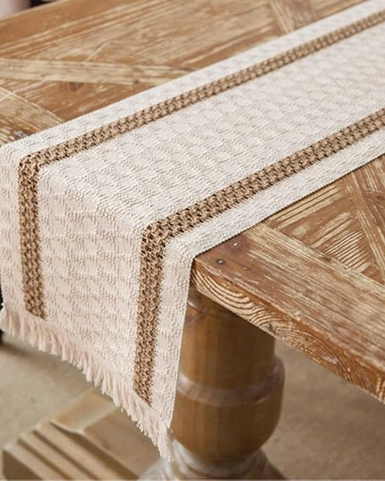 Cream Rustic Table Runner with Jute Trim and Fringe – Woven Textured Design