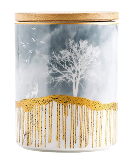 Ceramic Storage Canister with Wooden Lid – Large | Grey & Gold Decorative Jar
