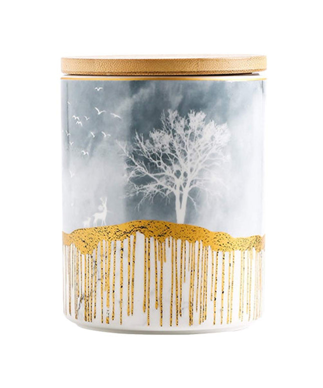Ceramic Storage Canister with Wooden Lid – Large | Grey & Gold Decorative Jar
