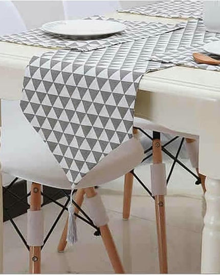 Grey Triangle Geometric Table Runner 33×183cm – Modern Pattern with Tassel