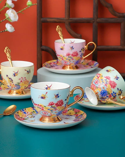 Pink Floral Porcelain Teacup and Saucer Set with Gold Handle – Vintage Style