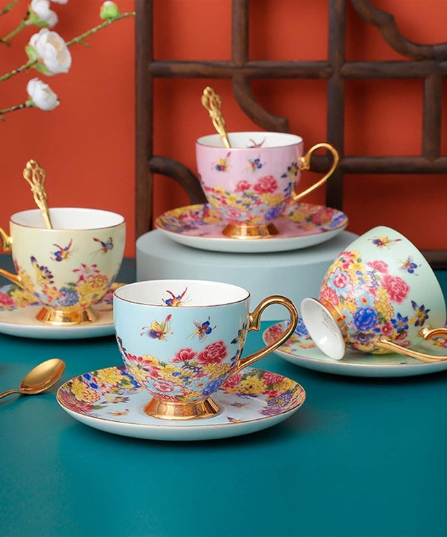 Pink Floral Porcelain Teacup and Saucer Set with Gold Handle – Vintage Style