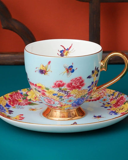 Blue Floral Porcelain Teacup and Saucer Set with Gold Handle – Vintage Style