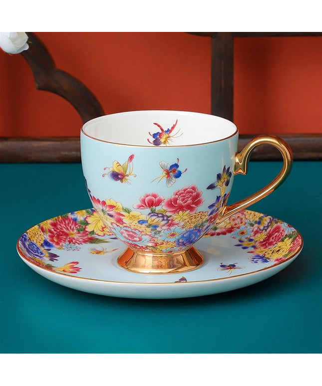 Blue Floral Porcelain Teacup and Saucer Set with Gold Handle – Vintage Style