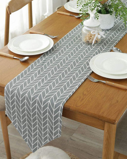Grey Geometric Table Runner 33×183cm – Modern Herringbone Pattern with Tassels