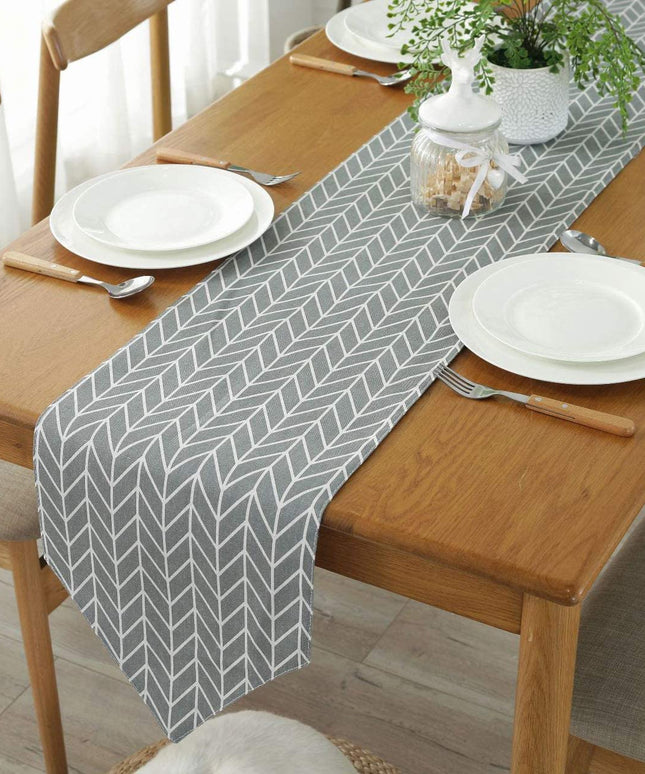 Grey Geometric Table Runner 33×183cm – Modern Herringbone Pattern with Tassels