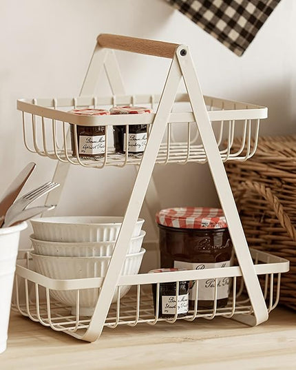 2-Tier Metal Fruit and Vegetable Storage Basket with Wooden Handle