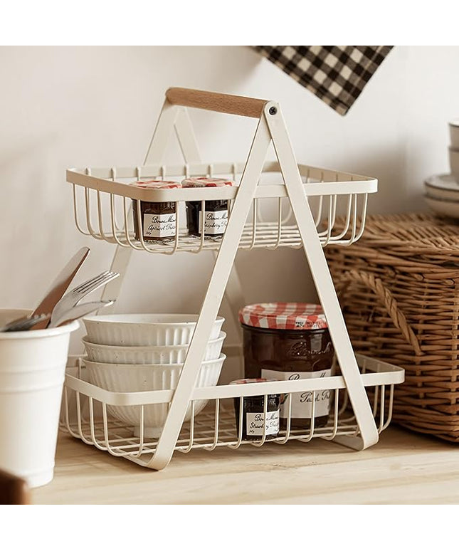 2-Tier Metal Fruit and Vegetable Storage Basket with Wooden Handle- White