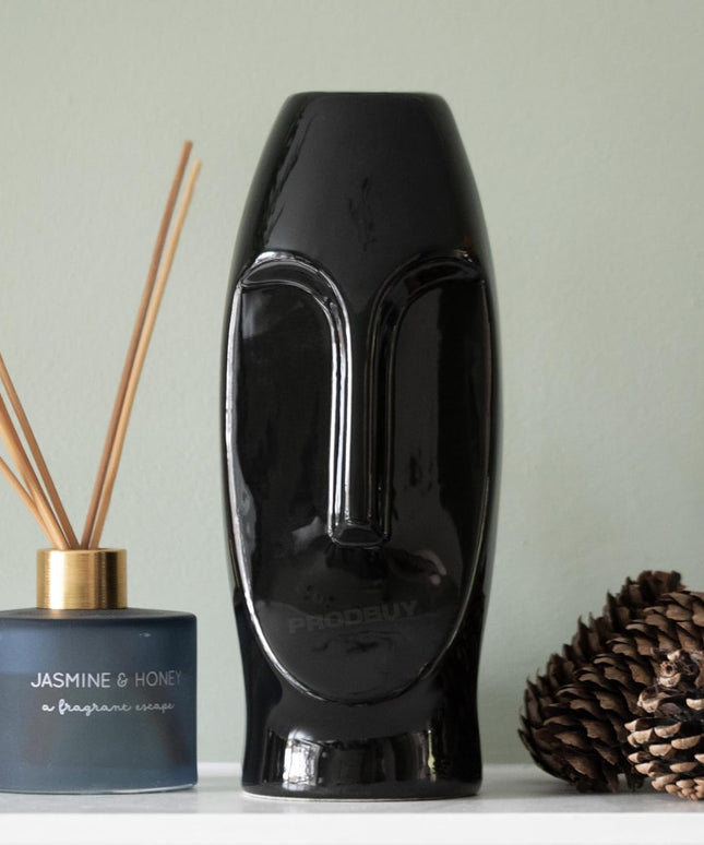 Black 23.5cm Tall Ceramic Face Flower Vase