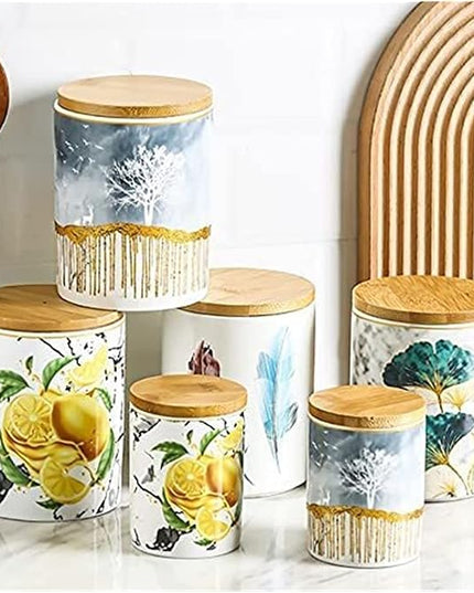 Lemon Print Ceramic Storage Canister with Wooden Lid – Kitchen Counter Jar