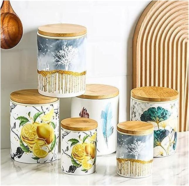 Lemon Print Ceramic Storage Canister with Wooden Lid – Kitchen Counter Jar