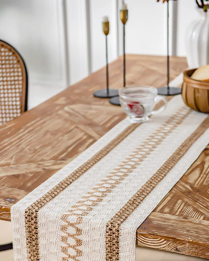 Cream Textured Table Runner with Natural Trim – Rustic Woven Design