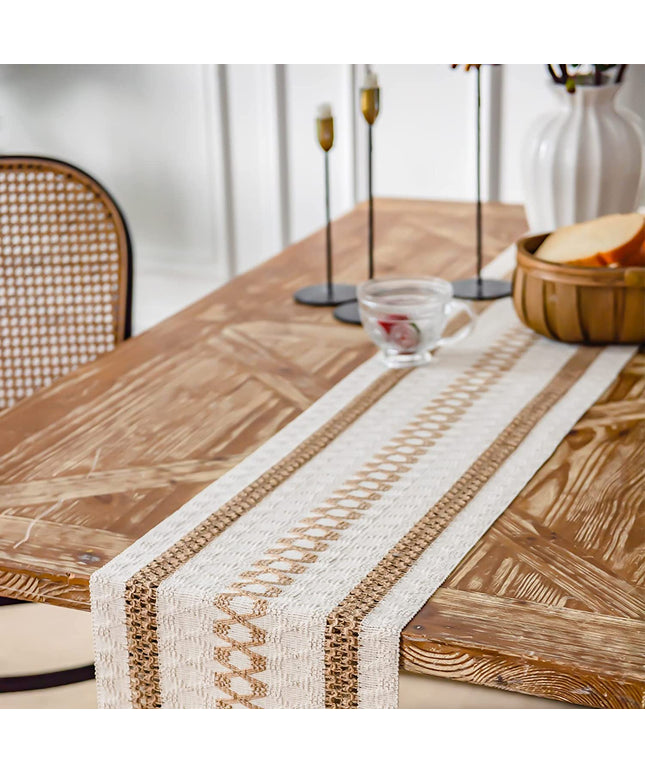 Cream Textured Table Runner with Natural Trim – Rustic Woven Design