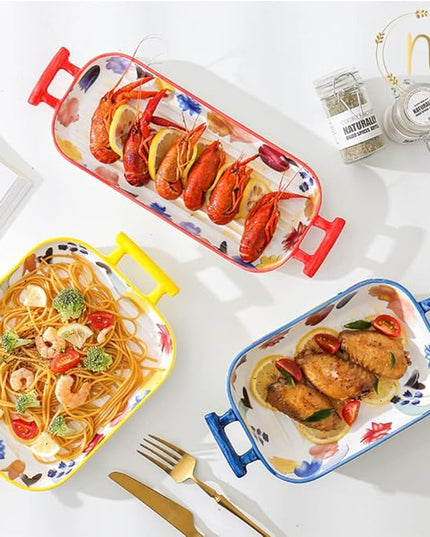 Floral Rectangular Ceramic Serving Dish with Handles – Multicolour Baking & Serving Tray