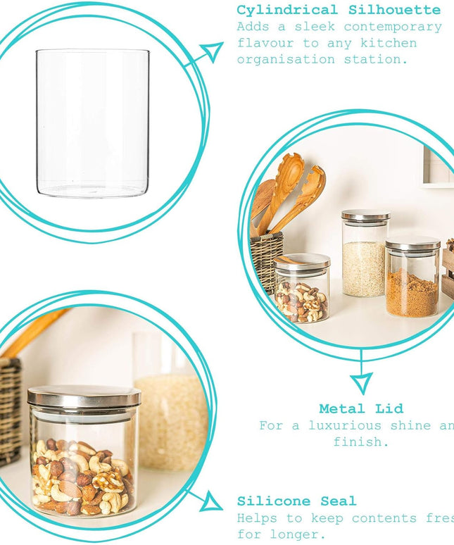 Argon Tableware Scandi Storage Jars with Metallic Silver Lids - 1000ml