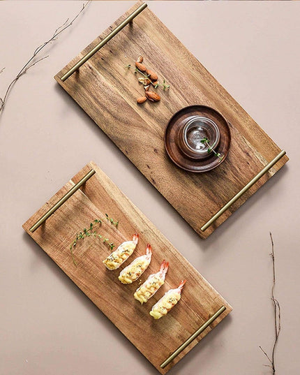 Wooden Rectangular Serving Tray with Golden Handles – 36cm