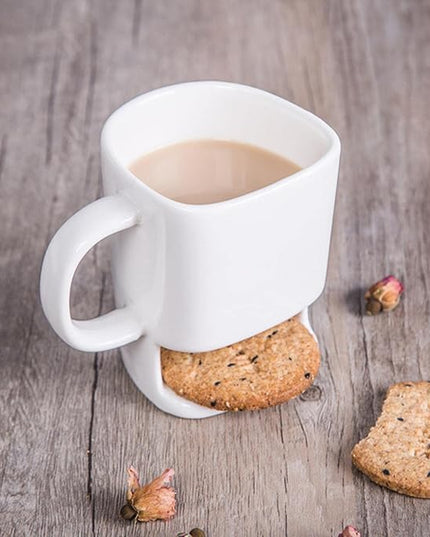 White Ceramic Biscuit Holder Mug – Tea & Coffee Cup with Cookie Slot