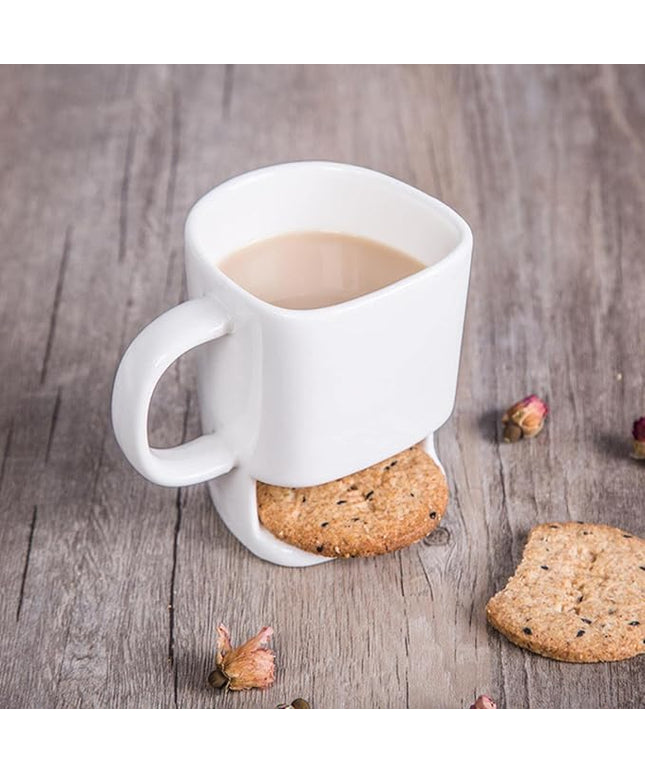White Ceramic Biscuit Holder Mug – Tea & Coffee Cup with Cookie Slot