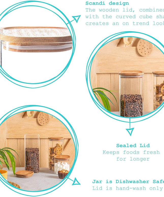 Argon Tableware Square Glass Storage Jar with Airtight Wooden Lid - 1900ml