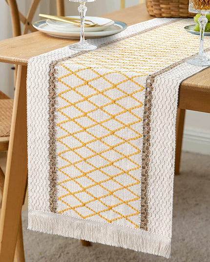 Cream & Mustard Textured Table Runner – Boho Woven Design with Fringe