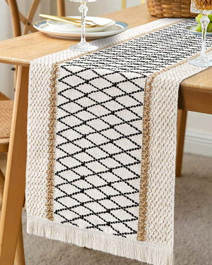 Cream & Black Textured Table Runner – Boho Woven Design with Fringe