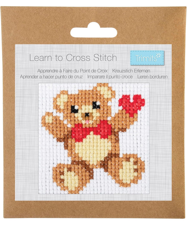 Trimits Children Learn to Cross Stitch Kits Counted Cross Stitch, Canvas Needle Thread Instructions Included, 15 x 15cm (6 x 6in), Teddy Bear
