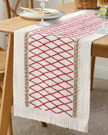 Cream & Red Textured Table Runner – Boho Woven Design with Fringe