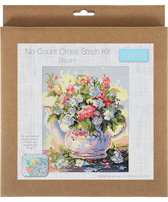Trimits Printed Cross Stitch Kits - Printed Embroidery Needlecraft for Adults Beginners Kids, Christmas, Gifts, Wall Art (Frame Not Included), 11 Count Aida, Bloom