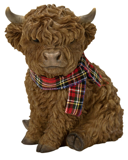 Vivid Arts Highland Cow Sitting Ornament with Red Scarf