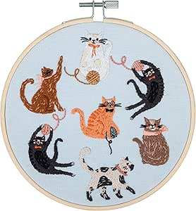 Trimits Embroidery Hoop Kits - 15cm 6” Beginner Starter Set, Includes Bamboo Hoop Threads Cloth Needle Backing & Instructions, Cats