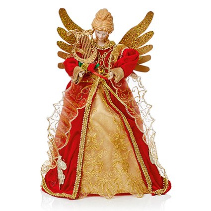 30cm Red & Gold Angel Tree Topper – Christmas Decoration with Gold Metal Wings