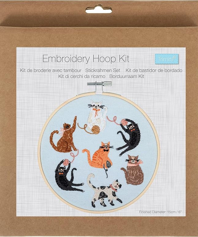 Trimits Embroidery Hoop Kits - 15cm 6” Beginner Starter Set, Includes Bamboo Hoop Threads Cloth Needle Backing & Instructions, Cats