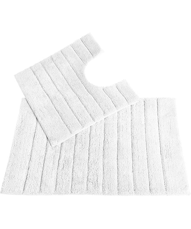 Ribbed Two Piece Bath Mat & Toilet Mat Set - White