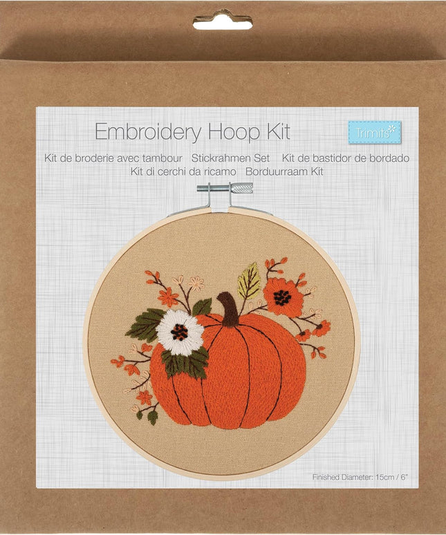 Trimits Embroidery Hoop Kits - 15cm 6” Beginner Starter Set, Includes Bamboo Hoop Threads Cloth Needle Backing & Instructions, Pumpkin