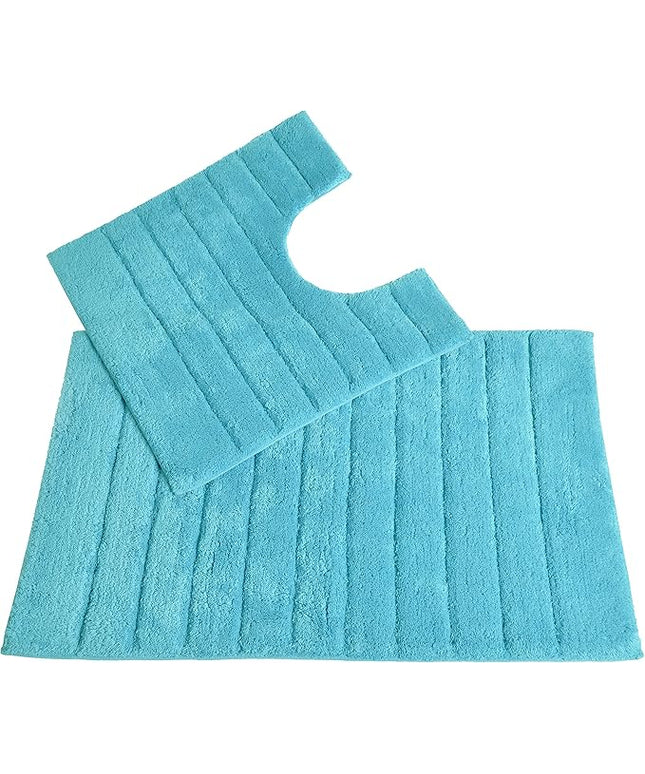 Ribbed Two Piece Bath Mat & Toilet Mat Set - Turquoise
