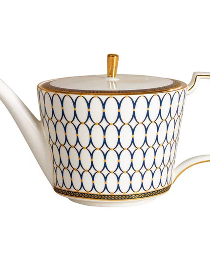Elegant Fine Porcelain Teapot with Blue & Gold Geometric Pattern