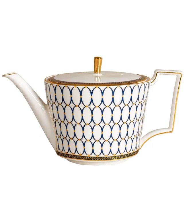 Elegant Fine Porcelain Teapot with Blue & Gold Geometric Pattern